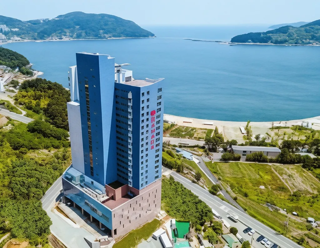 지세포항 바로 옆에 우뚝 선 라마다 스위츠 거제. 위에서 보면 건물이 통째로 바다를 등지고 서 있어서, 어느 층에 묵어도 앞바다가 그대로 들어와요.
