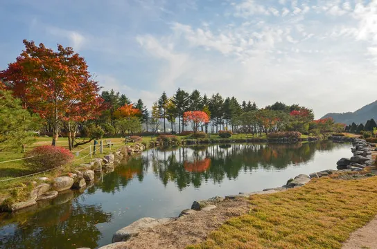 가을 단풍 정원 호수 — 시즌 따라 사진 분위기가 많이 달라지는 게 켄싱턴 평창 매력이에요