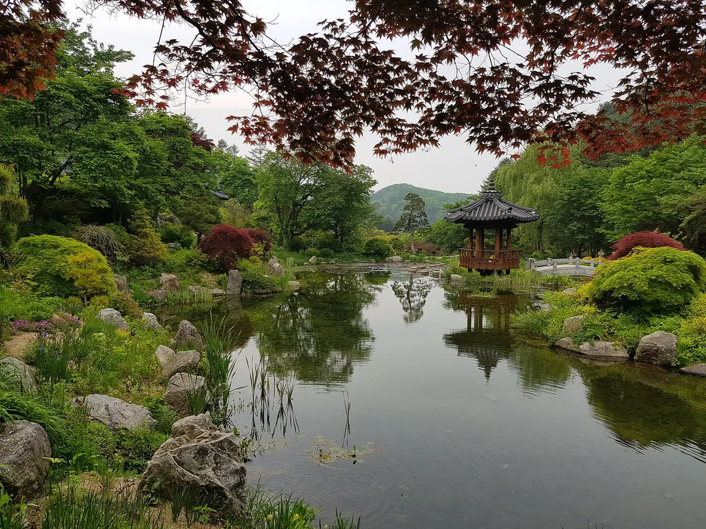 아침고요수목원 하경정원. 연못에 정자가 비치는 이 뷰가 대표 포토존이에요. 계절마다 꽃이 달라져서, 여름엔 초록이 진하고 물이 시원해 보이더라구요.